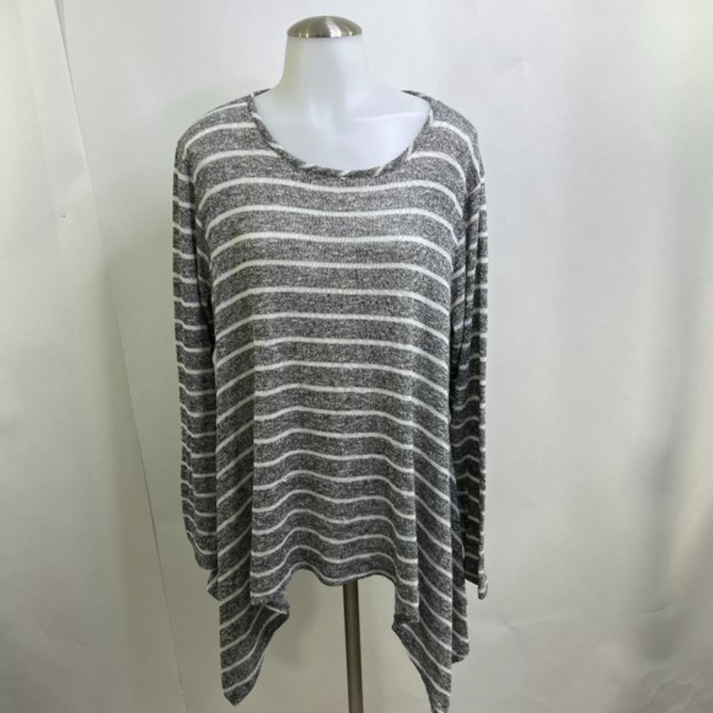 Cha Cha‎ Vente 1X Sweater Metallic Sparkle Gray White Stripe Handkerchief Hem
